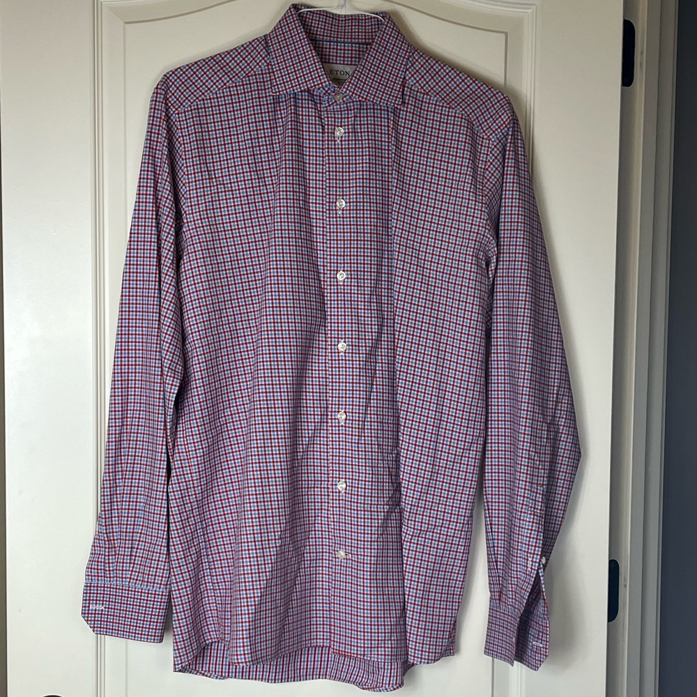 Eton Red and Blue Dress Shirt with Checkered Pattern